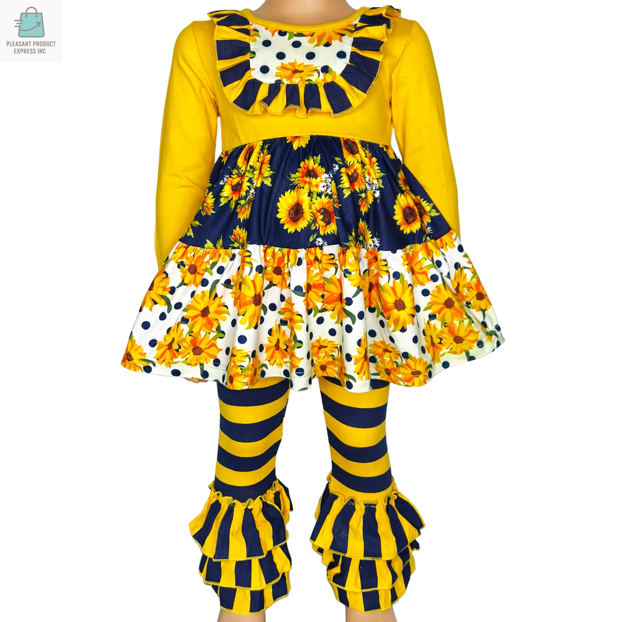 Girls gold and navy floral long sleeve ruffle shirt with striped pants fall outfit for girls