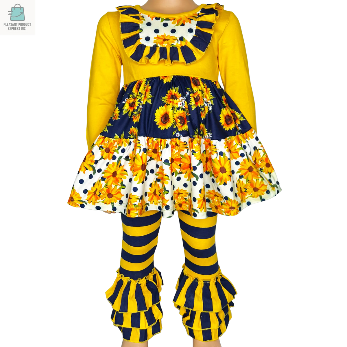 Girls gold and navy floral long sleeve ruffle shirt with striped pants fall outfit for girls