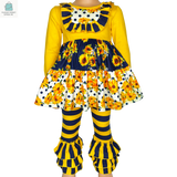Girls gold and navy floral long sleeve ruffle shirt with striped pants fall outfit for girls