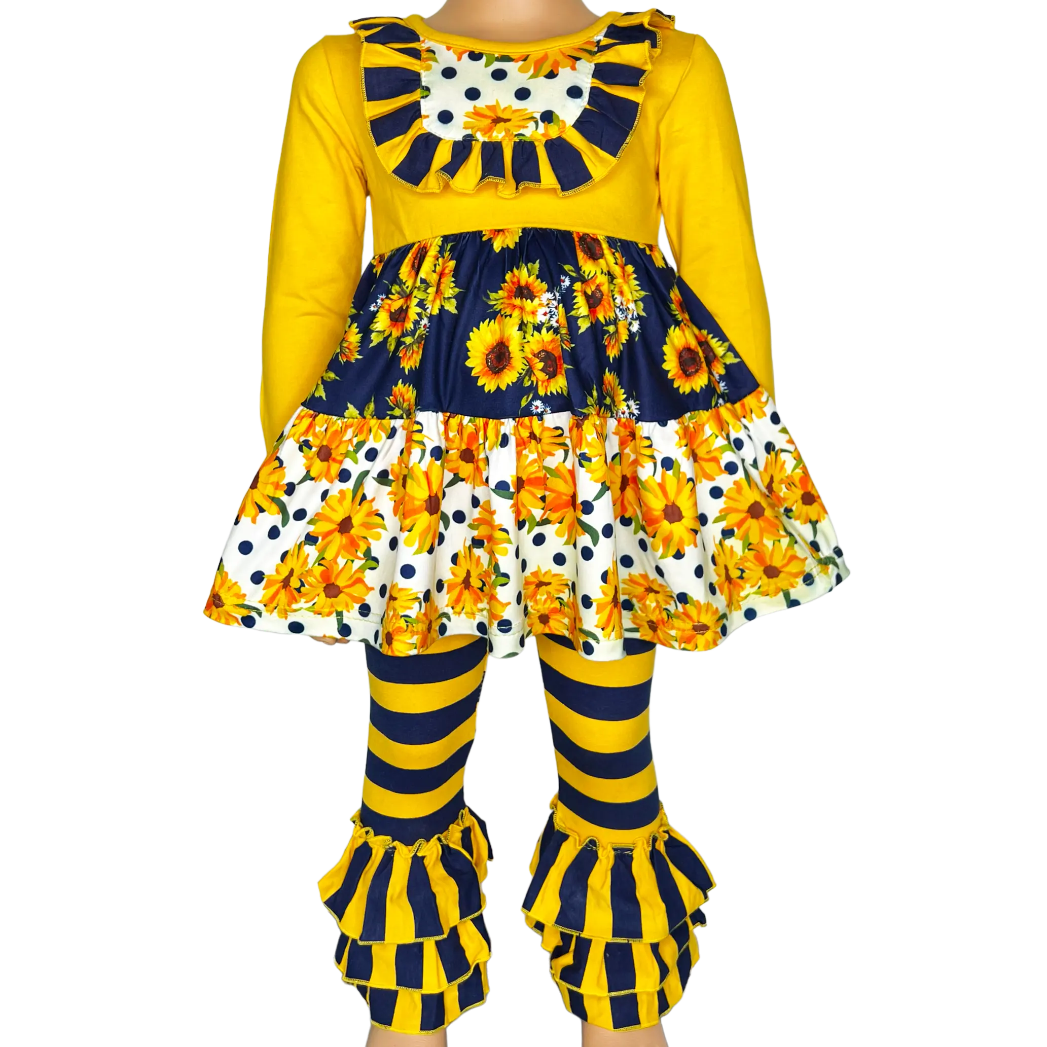Girls Gold & Navy Floral Fall Long Sleeve Ruffle Shirt & Pants-0