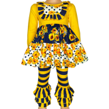 Girls Gold & Navy Floral Fall Long Sleeve Ruffle Shirt & Pants-0