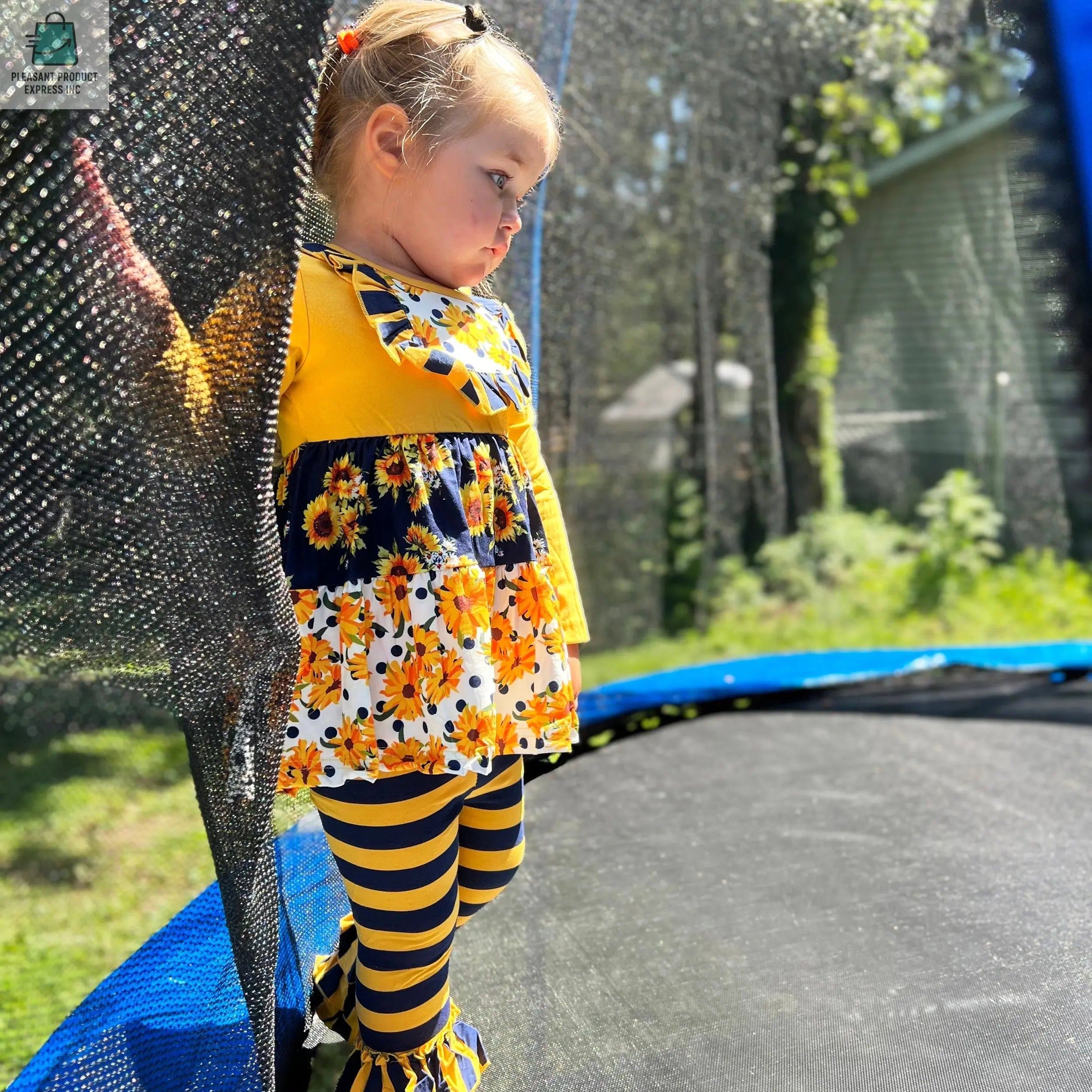 Girls Gold & Navy Floral Fall Long Sleeve Ruffle Shirt & Pants-3