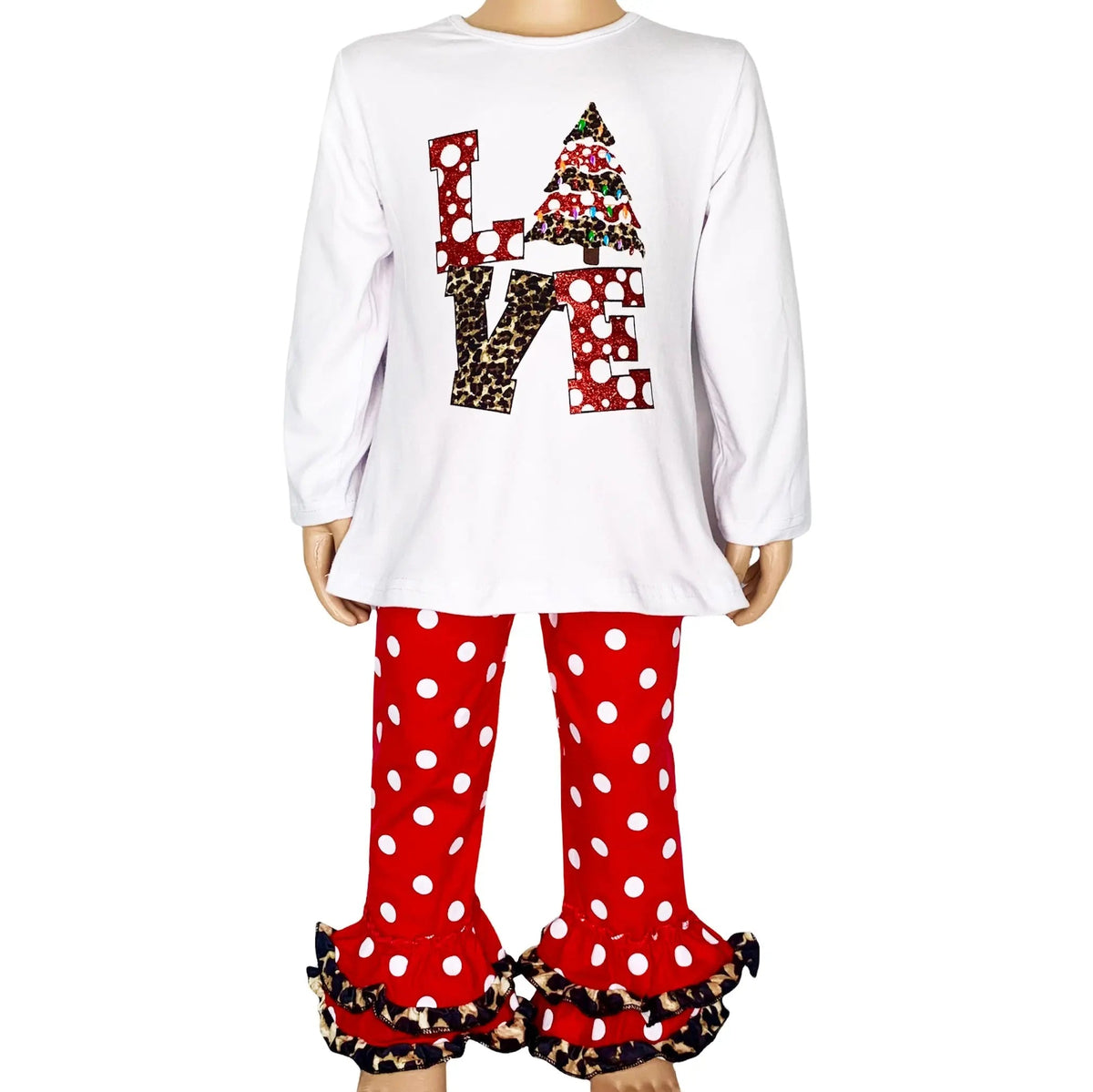 Girls LOVE Christmas outfit set with white LOVE applique top and red polka dot ruffle pants