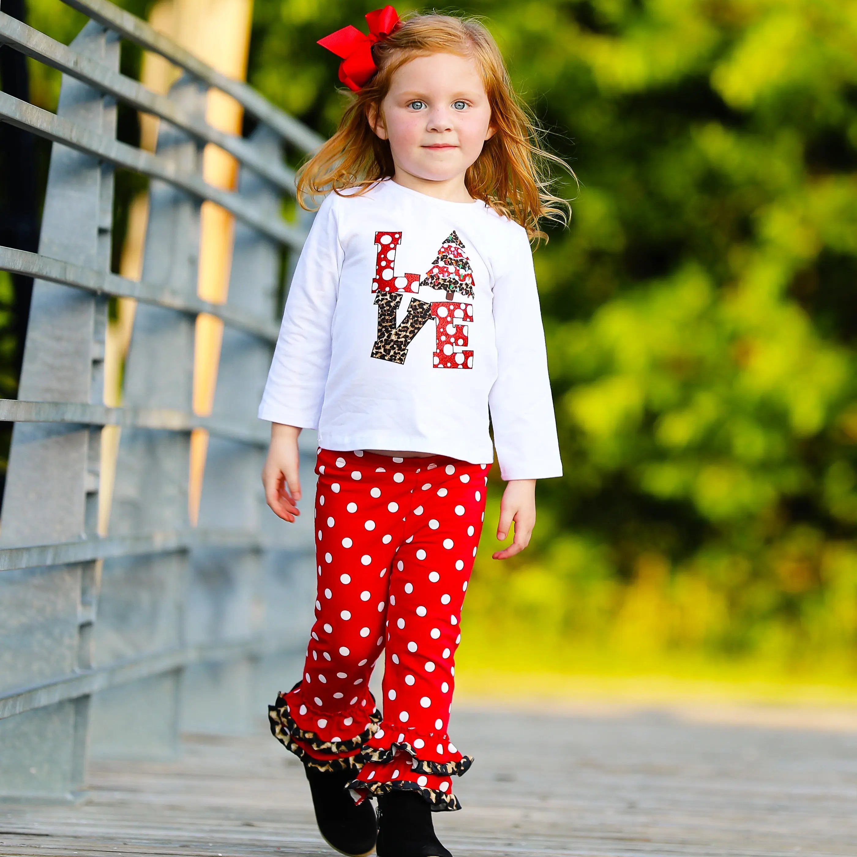 Girls LOVE Christmas Top & Red Polka Dot Ruffle Pants Set-1
