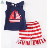 Girls nautical sailboat tank top in navy blue with ruffle sleeves and red striped ruffle shorts with white bows