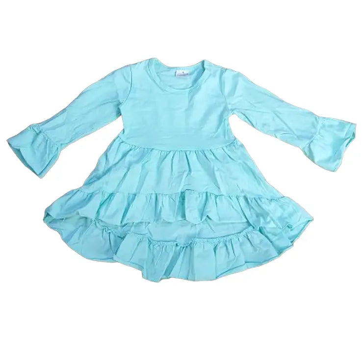 Girls Turquoise Cotton Knit Ruffle High Low Shirt 3/4 Sleeve-3