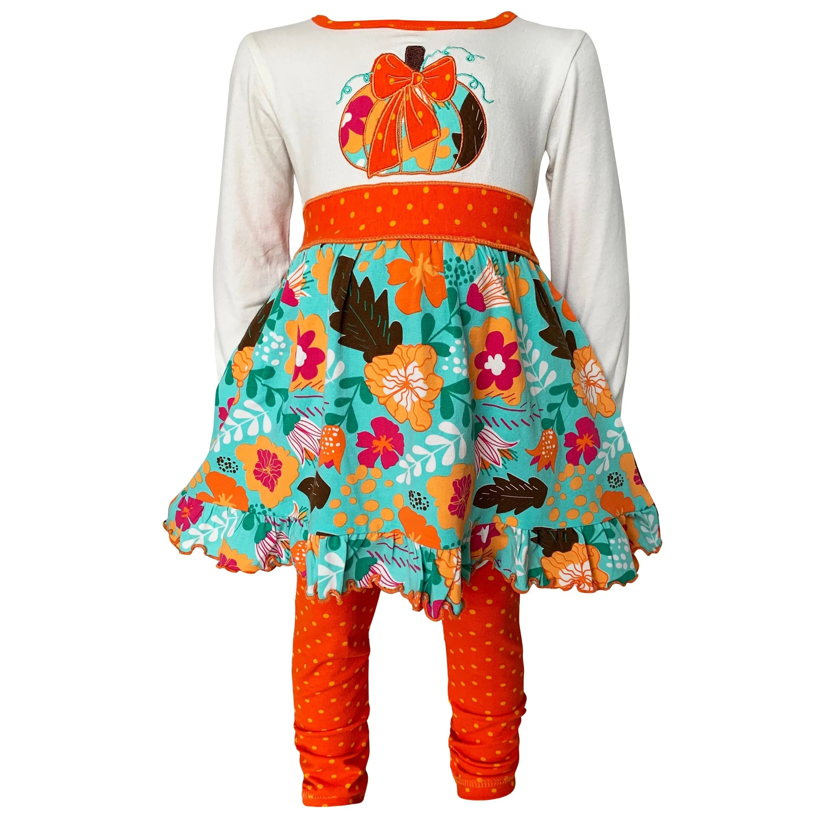 Girls 2 Piece Autumn Floral Tunic Dress with orange pumpkin patch and matching orange polka dot leggings for fall season