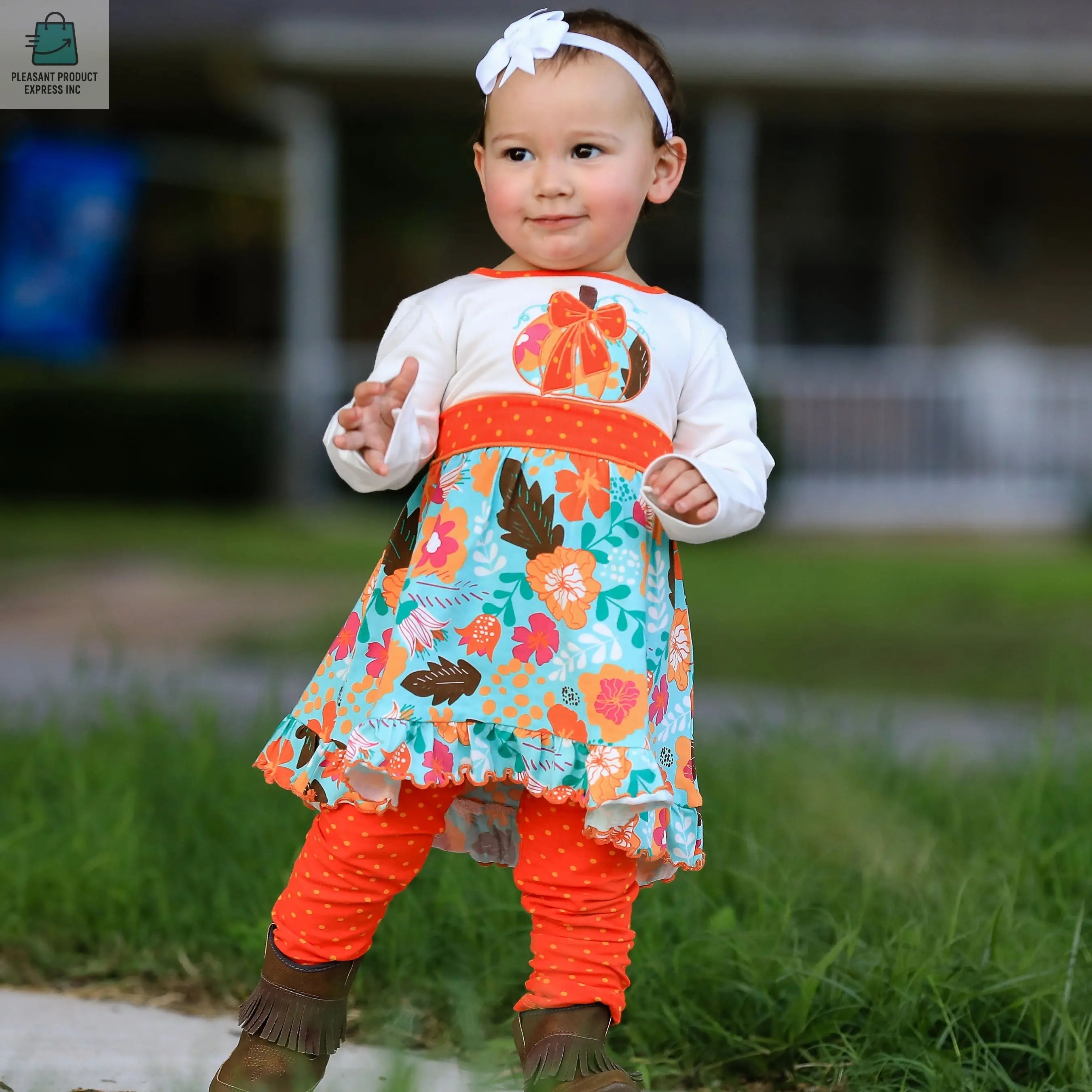 Girls Vibrant Autumn Floral Pumpkin Thanksgiving Dress & Leggings-2