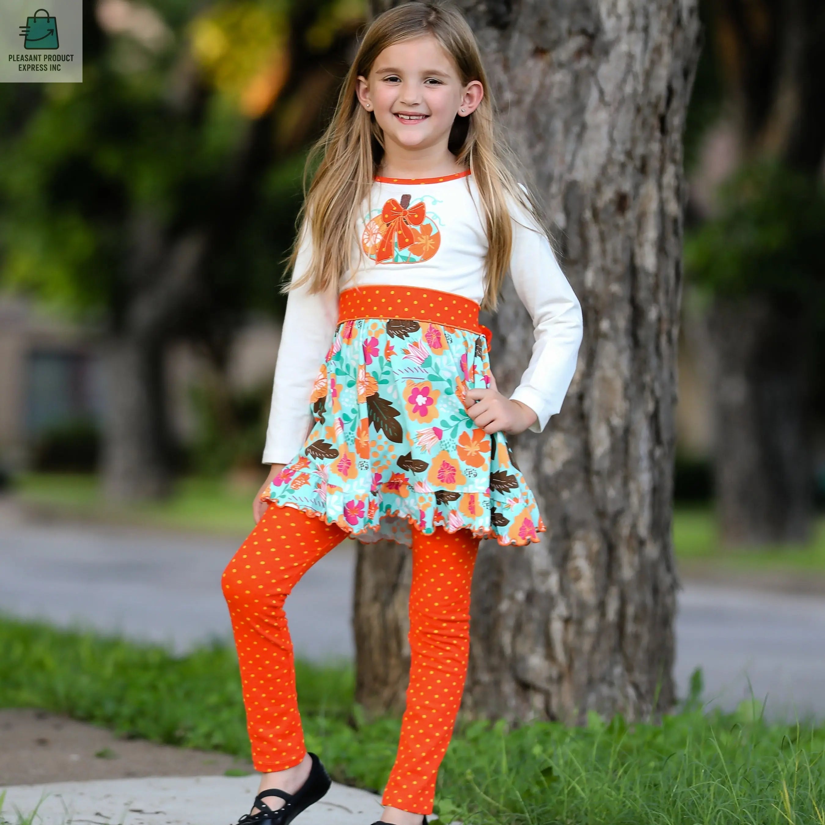 Girls Vibrant Autumn Floral Pumpkin Thanksgiving Dress & Leggings-3