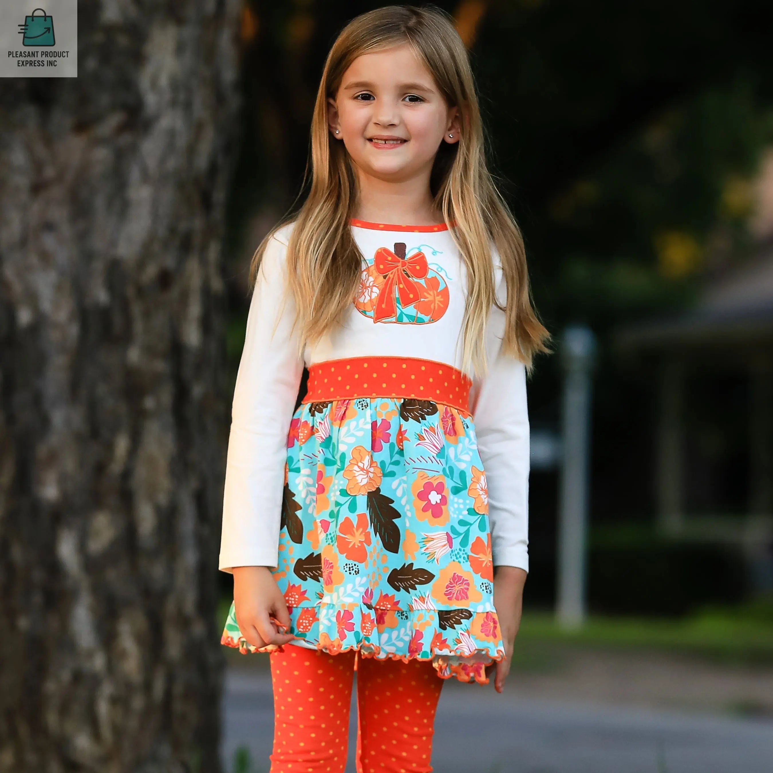 Girls Vibrant Autumn Floral Pumpkin Thanksgiving Dress & Leggings-4