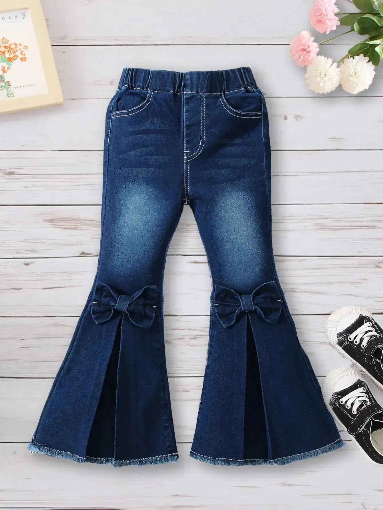 Girls' Solid Flared Denim Pants With Bow TiePleasant Product