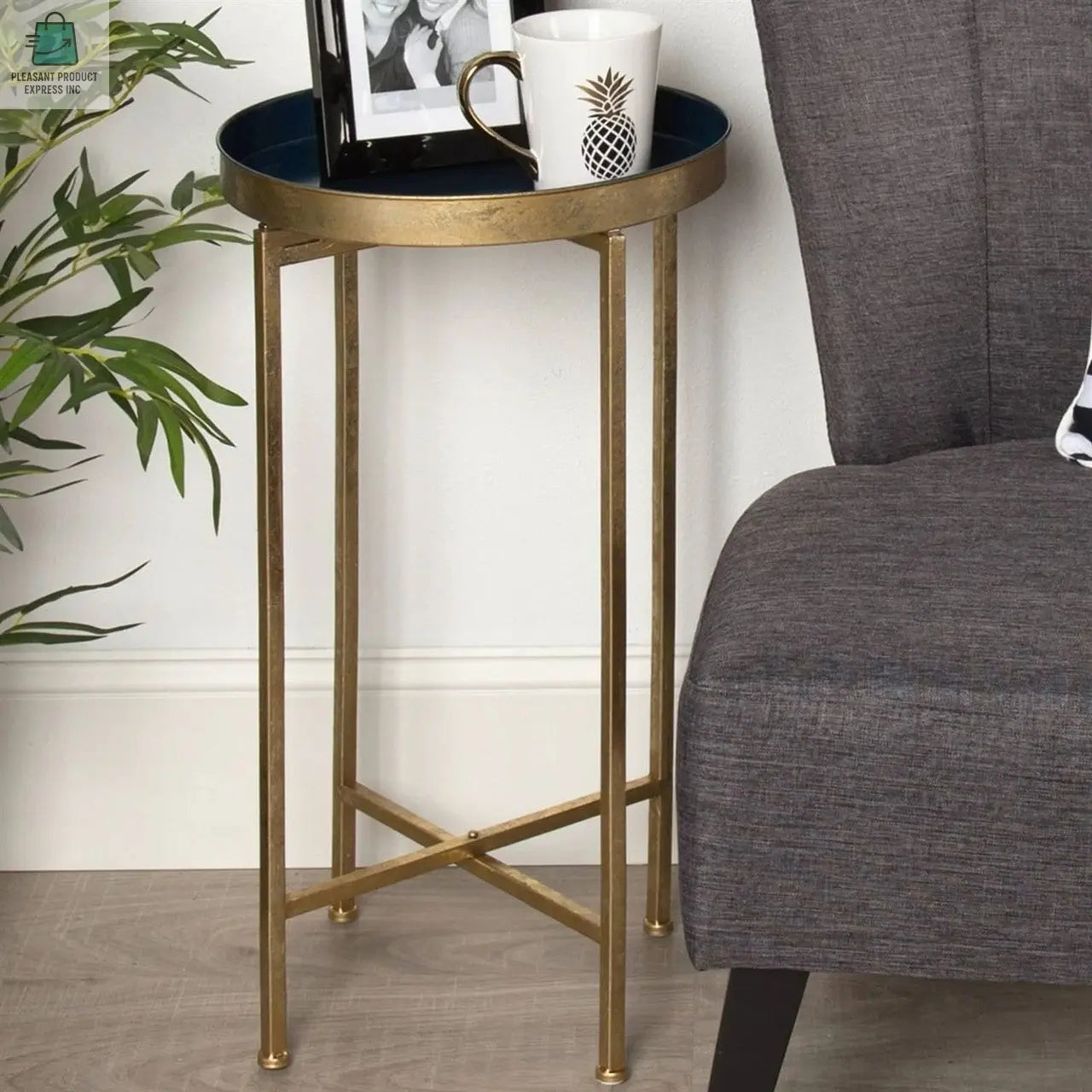 Gold Finish Metal Round End Table Nightstand with  Removable Navy Blue Tray Top-1