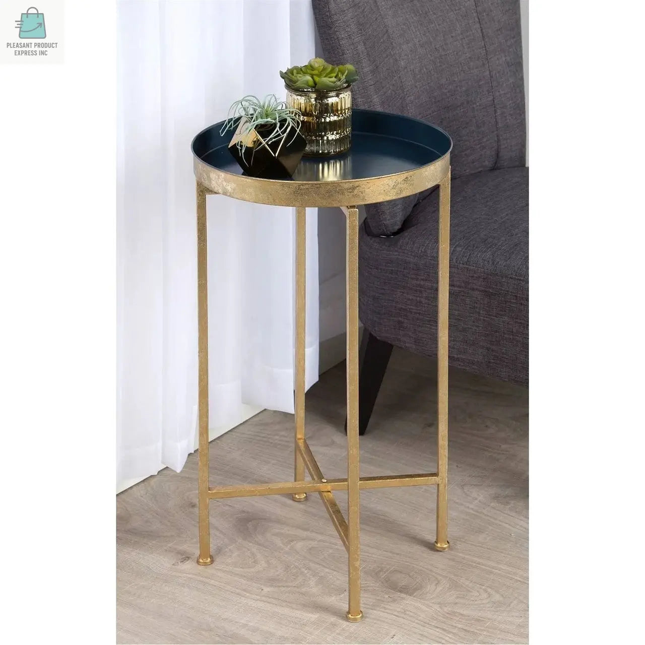 Gold Finish Metal Round End Table Nightstand with  Removable Navy Blue Tray Top-2