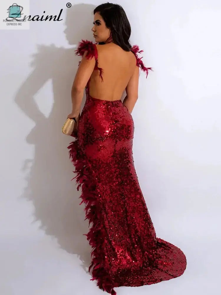 Guest Backless Side High Split Long Dress Women Sexy Sequins Feathers Mermaid EveningPleasant Product