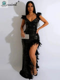 Guest Backless Side High Split Long Dress Women Sexy Sequins Feathers Mermaid EveningPleasant Product