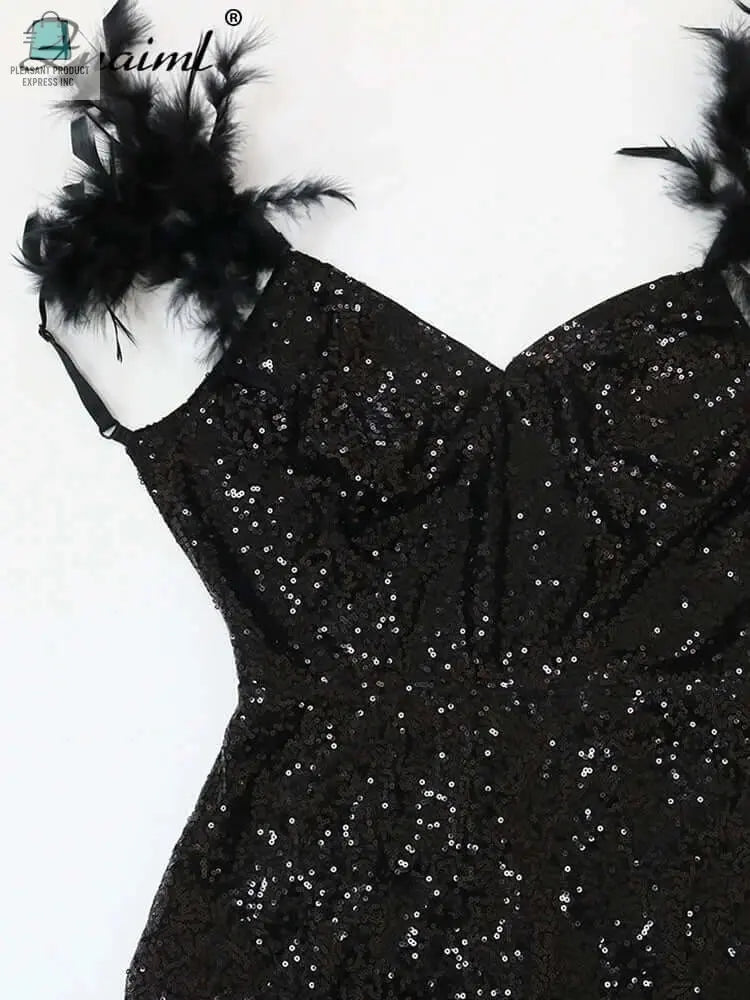 Guest Backless Side High Split Long Dress Women Sexy Sequins Feathers Mermaid EveningPleasant Product
