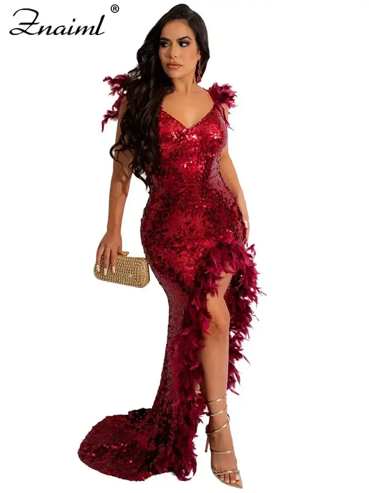 Guest Backless Side High Split Long Dress Women Sexy Sequins Feathers Mermaid EveningPleasant Product