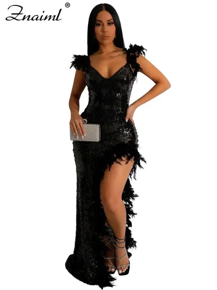 Guest Backless Side High Split Long Dress Women Sexy Sequins Feathers Mermaid EveningPleasant Product
