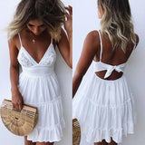 Women Summer Dress Sexy Bow Backless V-neck Mini Dress