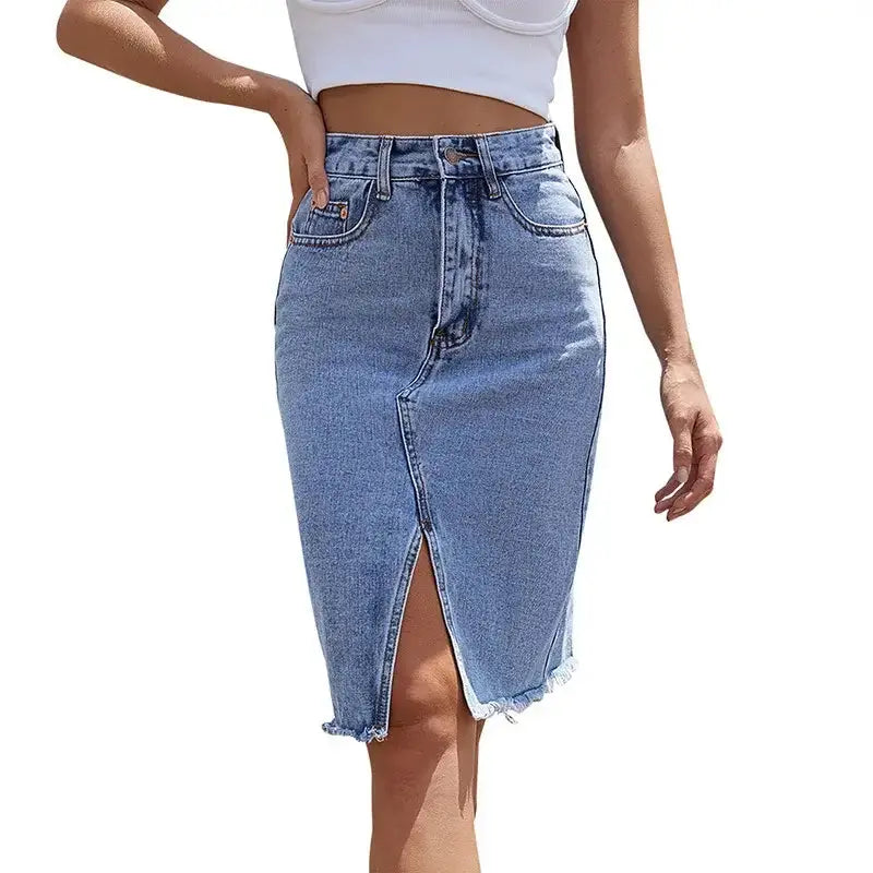 Women  Zipper Fly Raw Hem Split Denim Skirt Pleasant Product Express Inc