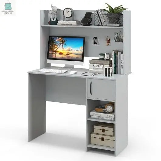 Home Office Desk with Raised Display Shelf and 2 Open Shelves-Gray-2