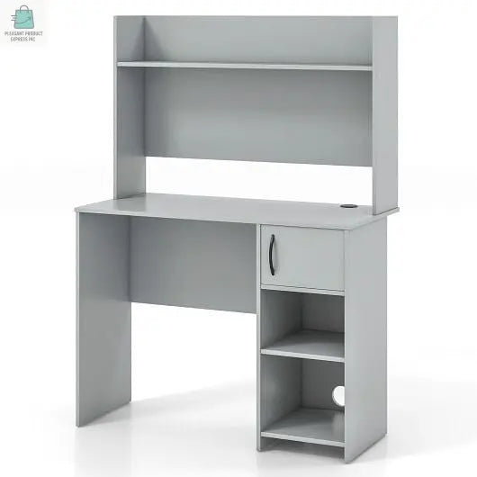 Home Office Desk with Raised Display Shelf and 2 Open Shelves-Gray-4