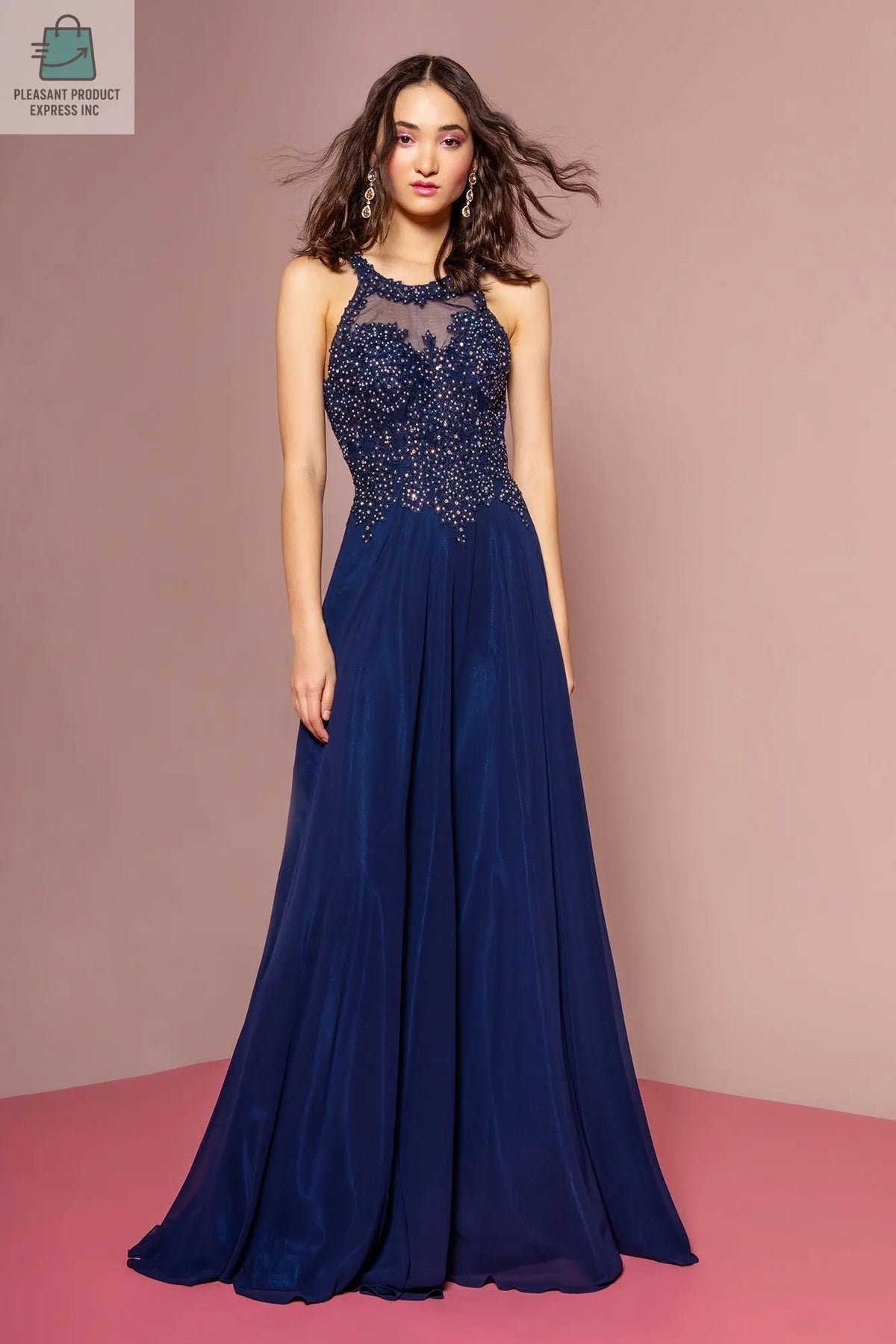 Jewel Embellished and Embroidered Bodice Chiffon Long Dress-0
