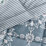 King size 3-Piece Blue and White Reversible Floral Striped Comforter Set-1