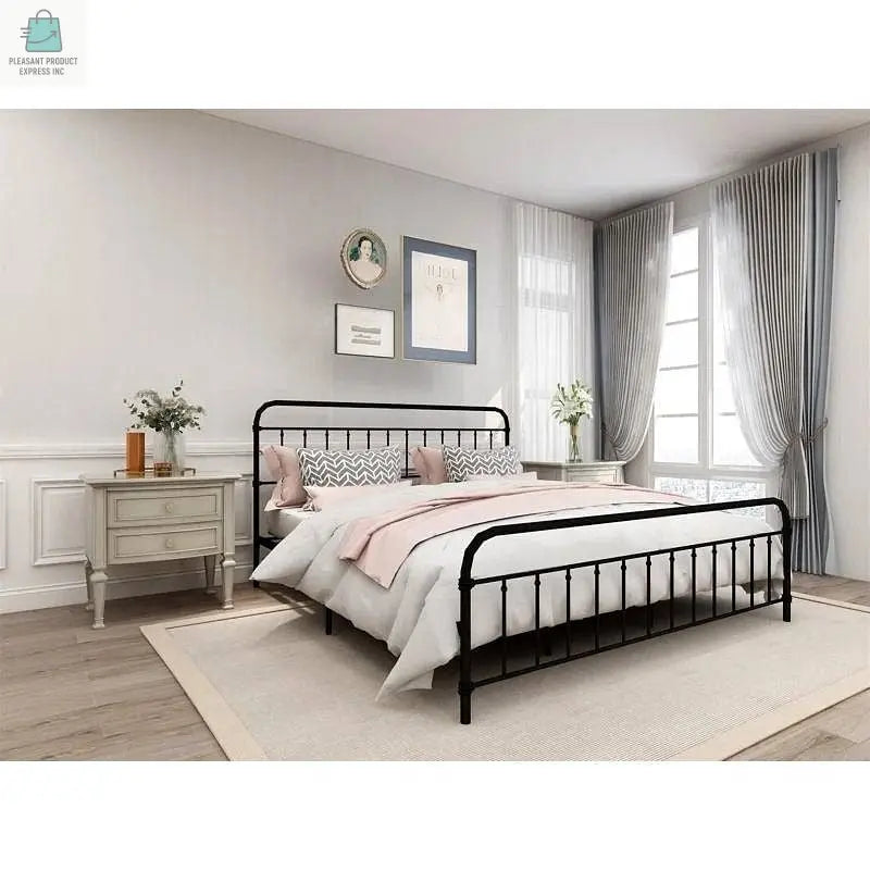 King size Black Metal Platform Bed Frame with Rounded Headboard Footboard-0