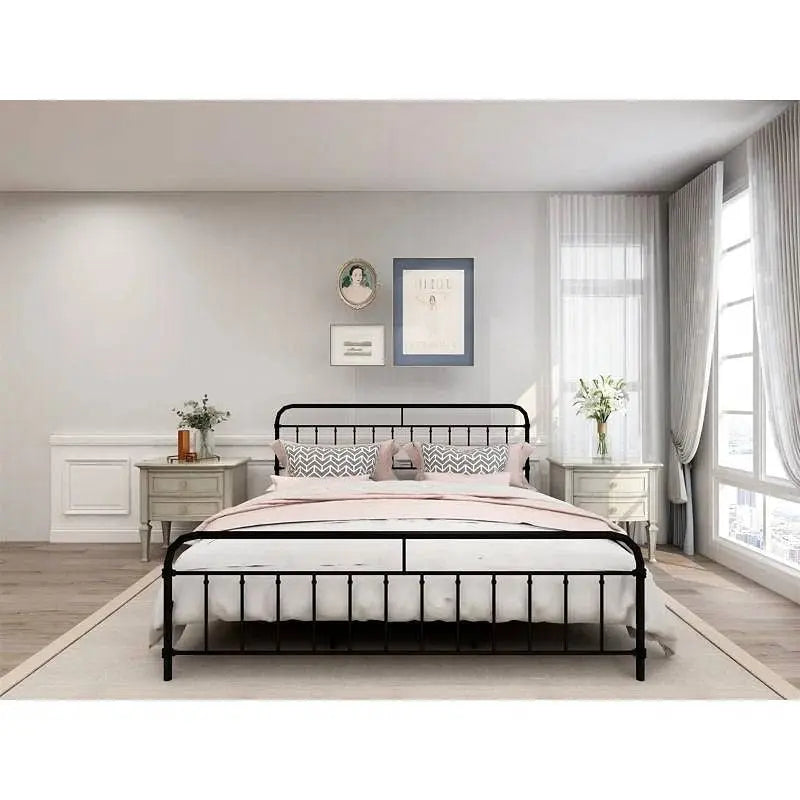 King size Black Metal Platform Bed Frame with Rounded Headboard Footboard-1