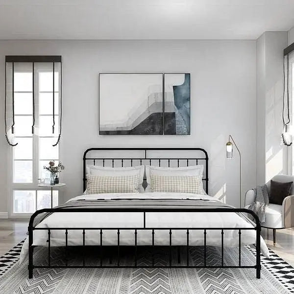 King size Black Metal Platform Bed Frame with Rounded Headboard Footboard-2