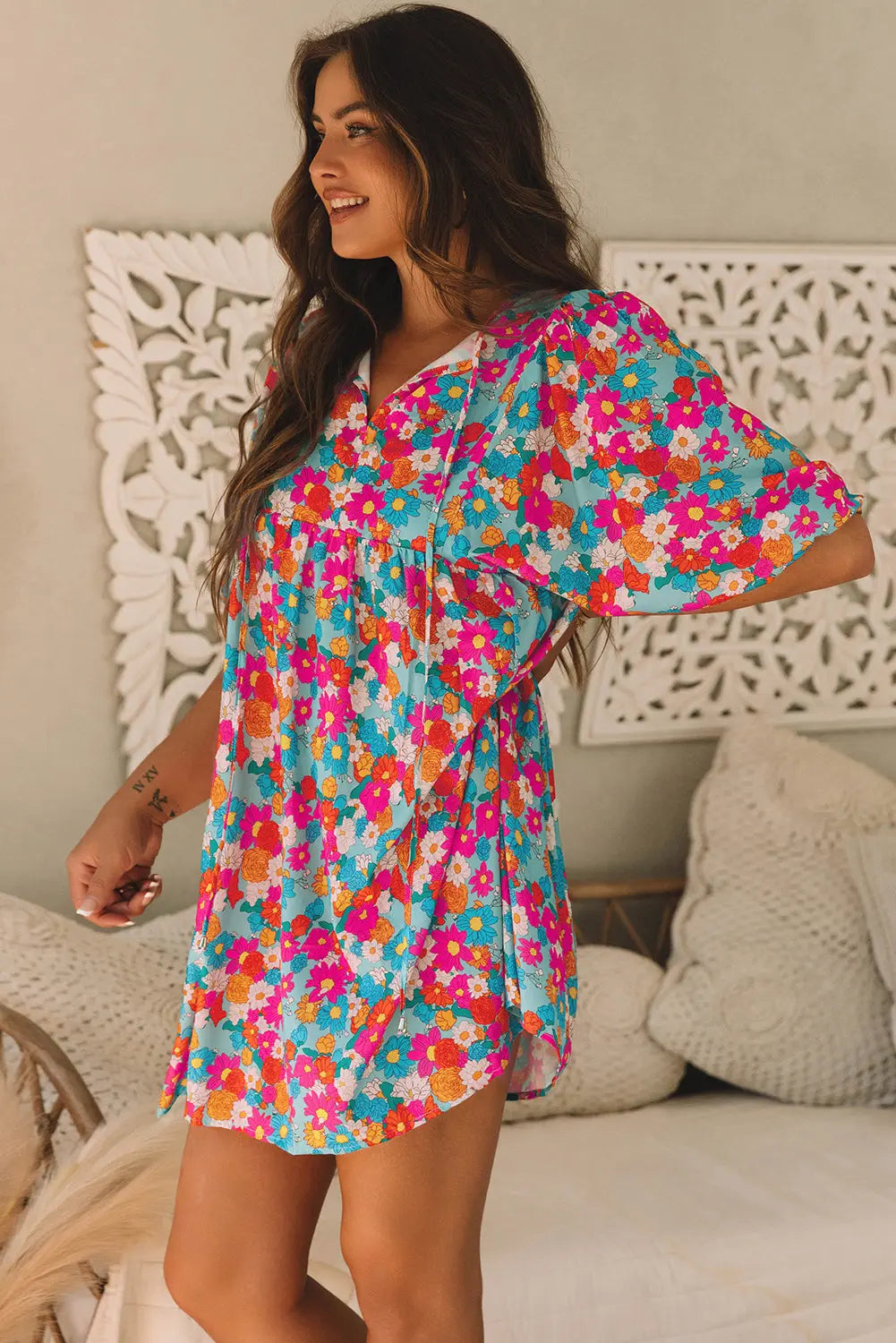 Lena Floral Bubble Sleeve Babydoll Dress-2