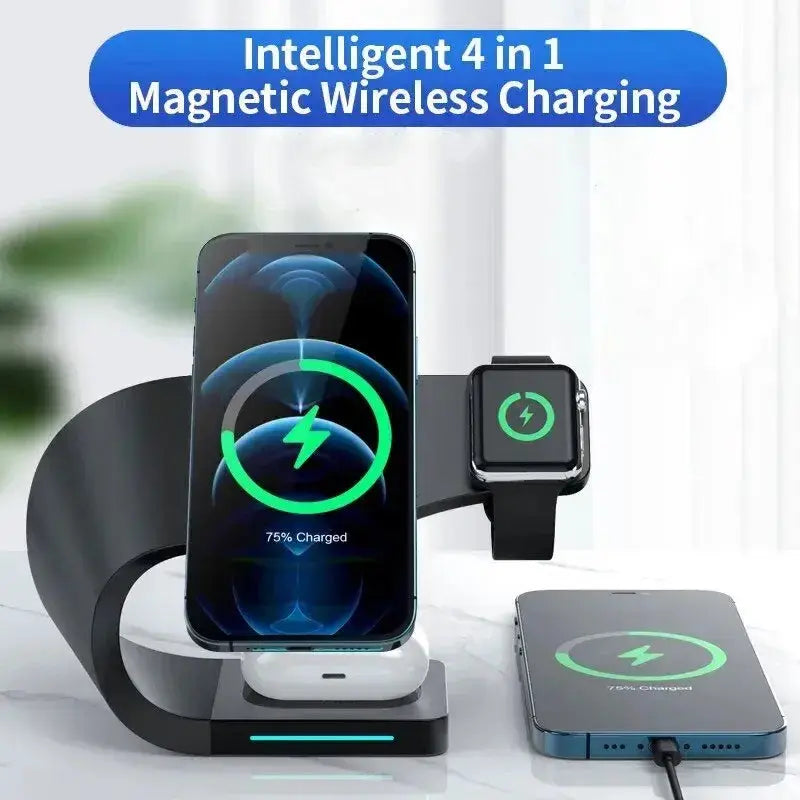15W Magnetic Wireless Charger stand fast charges iPhone, Apple Watch, AirPods with 4-in-1 magnetic wireless charging.