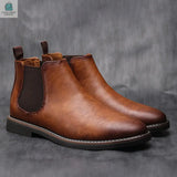 Men's comfortable brown synthetic Chelsea boots with ankle height and square toe design