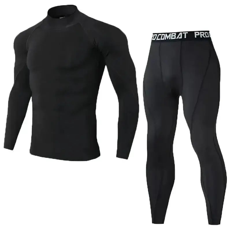 Black men's compression sportswear set with long-sleeve top and leggings, breathable elastic fitness gear for gym and running