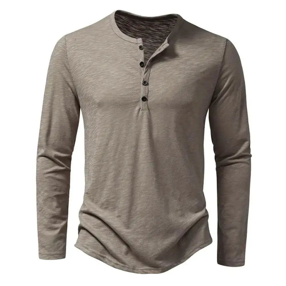 Men's casual long sleeve cotton henley shirt with button neck in solid beige for spring and autumn