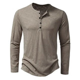 Men's casual long sleeve cotton henley shirt with button neck in solid beige for spring and autumn