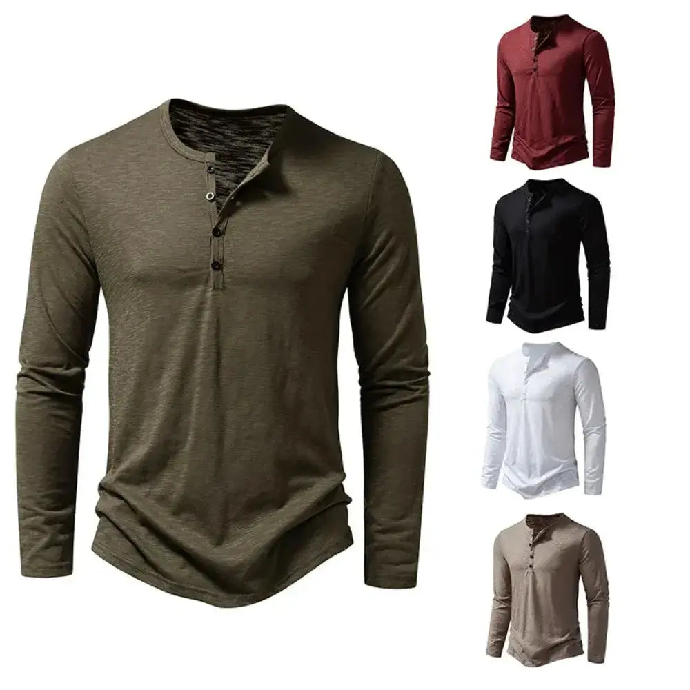 Men's casual long sleeve cotton button neck shirt with Henry collar in multiple colors for spring and autumn