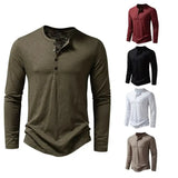Men's casual long sleeve cotton button neck shirt with Henry collar in multiple colors for spring and autumn