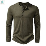 Men's casual long sleeve cotton button neck shirt with Henry collar in olive green for spring and autumn