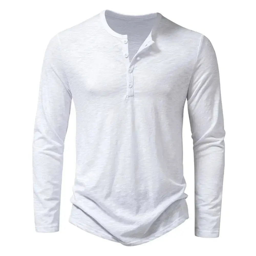 Men's casual long sleeve cotton button neck shirt with solid Henry collar in white for spring and autumn