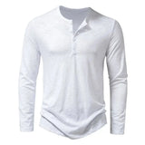 Men's casual long sleeve cotton button neck shirt with solid Henry collar in white for spring and autumn