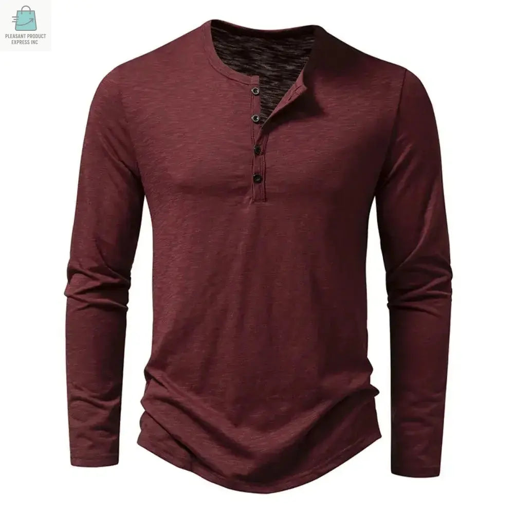 Men's casual long sleeve cotton button neck shirt in maroon with Henry collar for spring and autumn