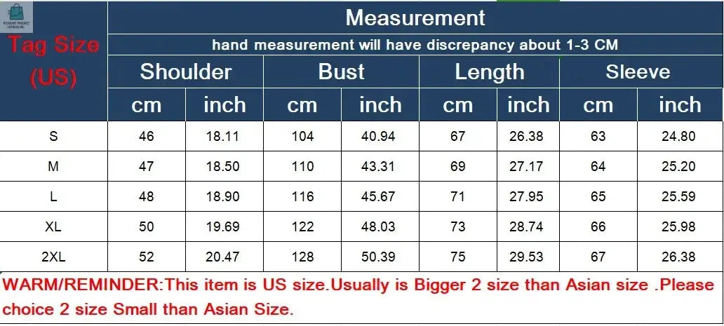 Size chart for men's casual long sleeve cotton button neck shirt with shoulder, bust, length, and sleeve measurements in cm and inches for sizes S to 2XL.
