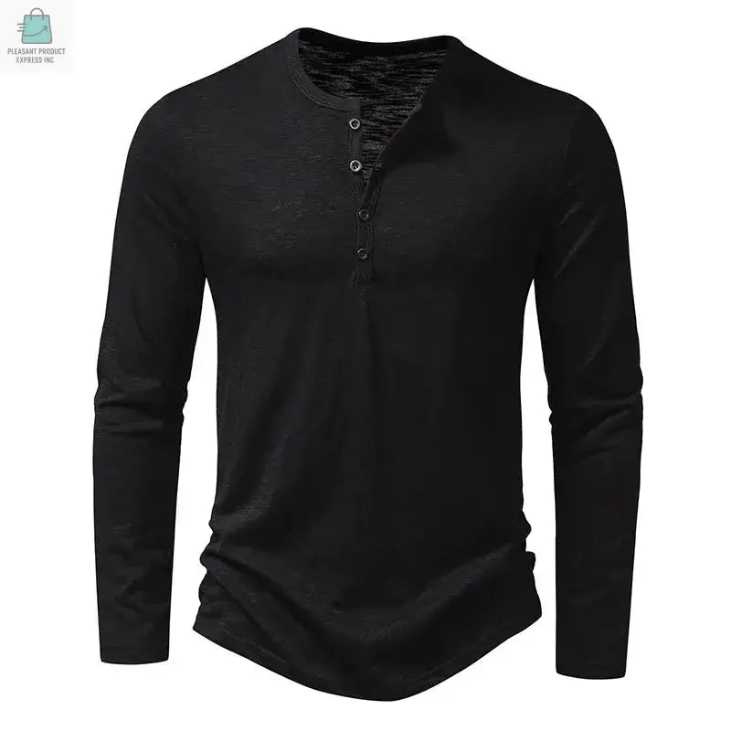 Men's casual long sleeve black cotton button neck shirt with solid Henry collar