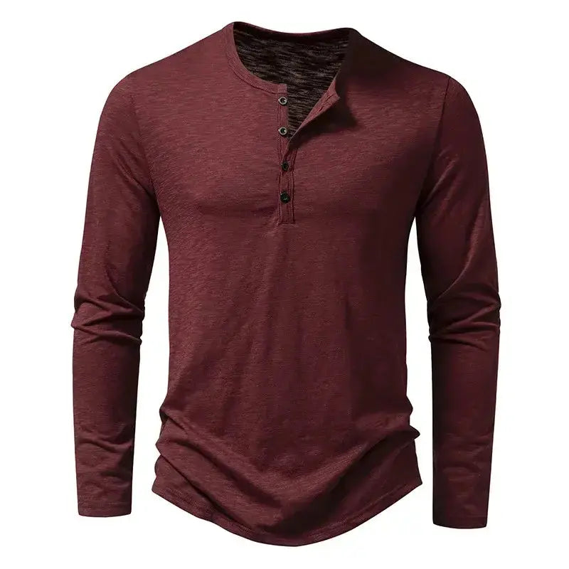 Men's casual long sleeve cotton button neck shirt in maroon with Henry collar for spring and autumn