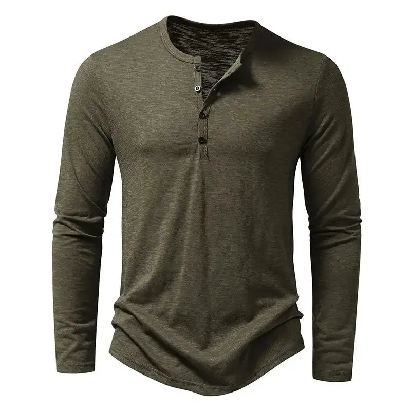 Men's casual long sleeve cotton button neck shirt with Henry collar in olive green for spring and autumn