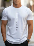 Men's Cross and Jesus Letter Printed Sports Round Neck Short Sleeve T-shirtPleasant Product
