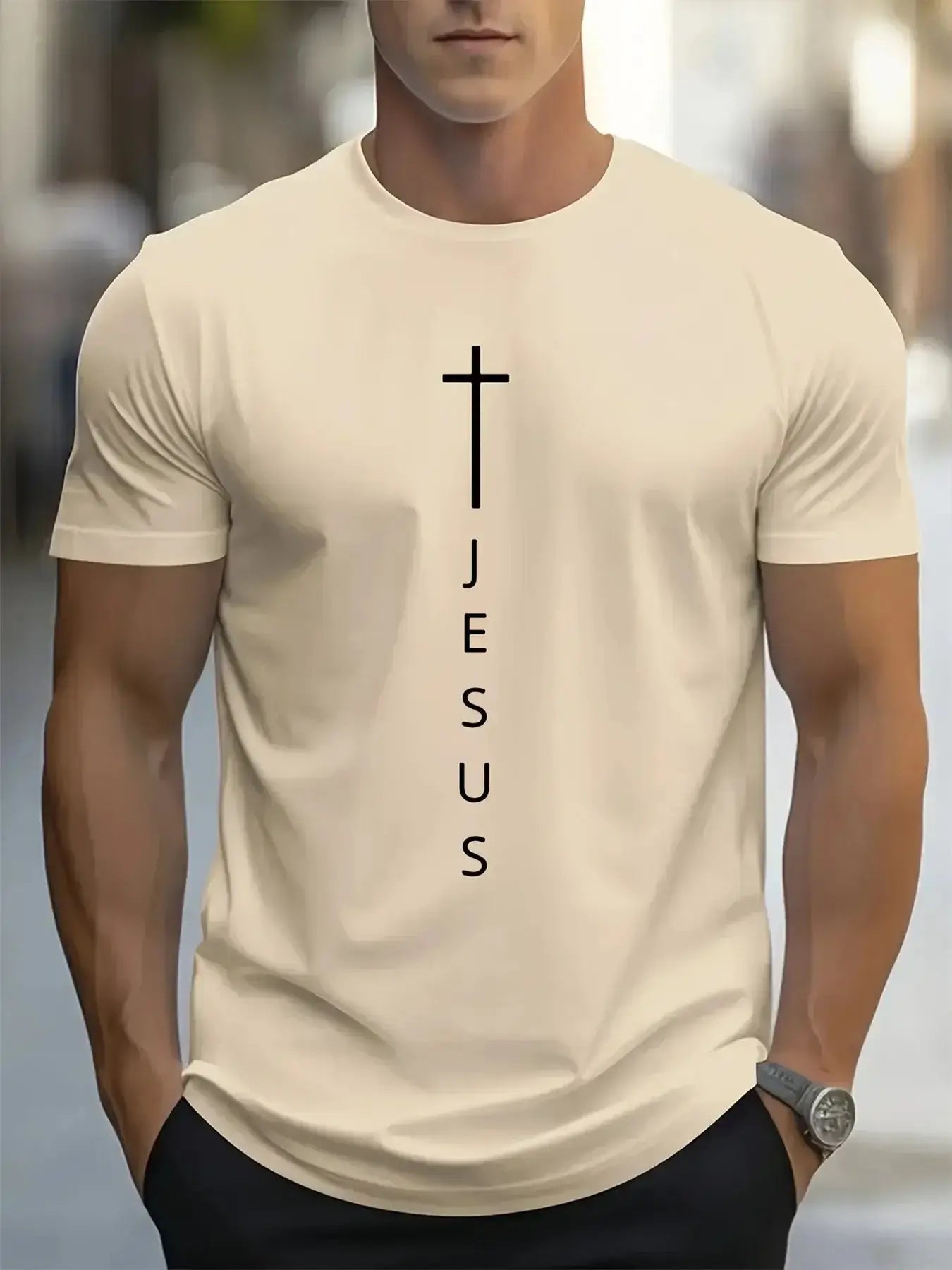 Men's Cross and Jesus Letter Printed Sports Round Neck Short Sleeve T-shirtPleasant Product