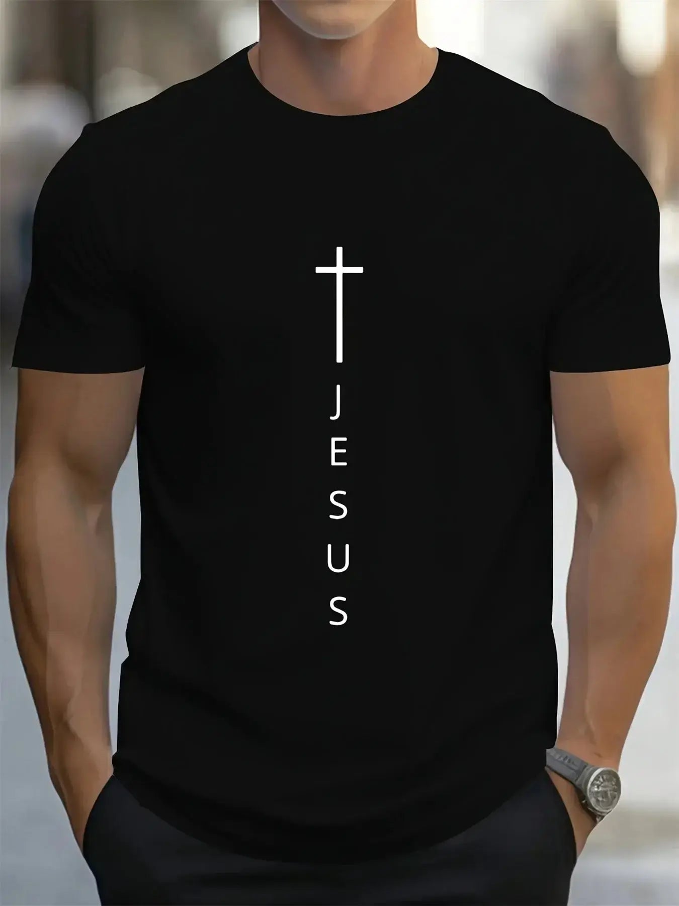 Men's Cross and Jesus Letter Printed Sports Round Neck Short Sleeve T-shirtPleasant Product